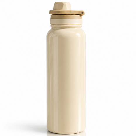 Sports Water Bottle with Leak-Proof Lid & Foldable Handle, Stainless Steel, Lightweight Powder-Coated Flask Beige
