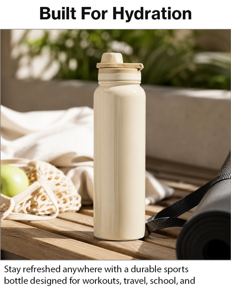 Sports Water Bottle with Leak-Proof Lid & Foldable Handle, Stainless Steel, Lightweight Powder-Coated Flask Beige