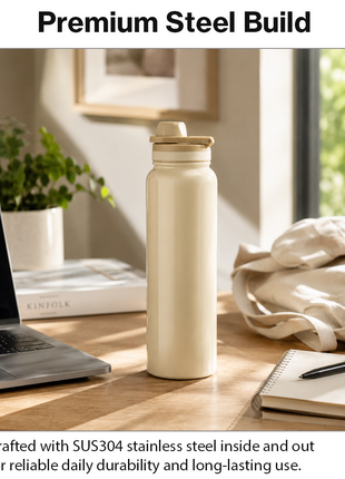 Sports Water Bottle with Leak-Proof Lid & Foldable Handle, Stainless Steel, Lightweight Powder-Coated Flask Beige