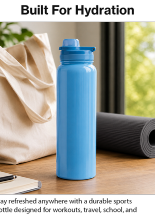 Sports Water Bottle with Leak-Proof Lid & Foldable Handle, Stainless Steel, Lightweight Powder-Coated Flask Blue