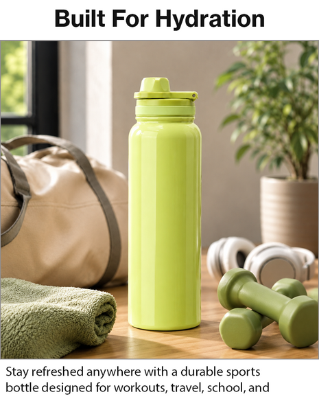 Sports Water Bottle with Leak-Proof Lid & Foldable Handle, Stainless Steel, Lightweight Powder-Coated Flask Green