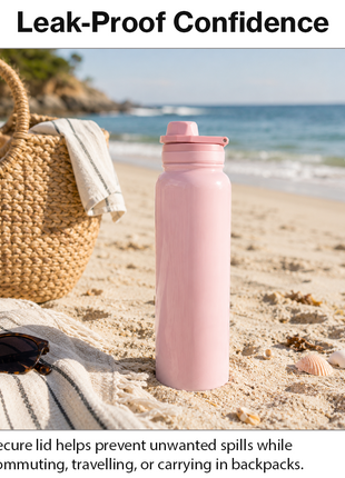 Sports Water Bottle with Leak-Proof Lid & Foldable Handle, Stainless Steel, Lightweight Powder-Coated Flask Pink