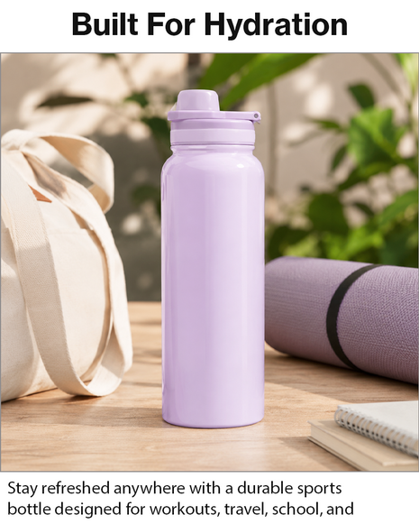 Sports Water Bottle with Leak-Proof Lid & Foldable Handle, Stainless Steel, Lightweight Powder-Coated Flask Purple