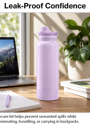 Sports Water Bottle with Leak-Proof Lid & Foldable Handle, Stainless Steel, Lightweight Powder-Coated Flask Purple