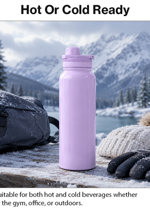 Sports Water Bottle with Leak-Proof Lid & Foldable Handle, Stainless Steel, Lightweight Powder-Coated Flask Purple