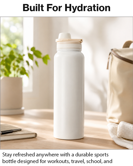 Sports Water Bottle with Leak-Proof Lid & Foldable Handle, Stainless Steel, Lightweight Powder-Coated Flask white