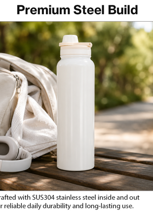 Sports Water Bottle with Leak-Proof Lid & Foldable Handle, Stainless Steel, Lightweight Powder-Coated Flask white