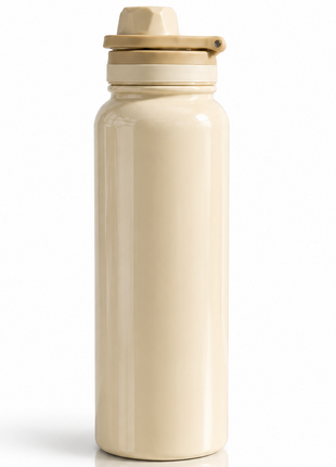 Sports Water Bottle with Leak-Proof Lid & Foldable Handle, Stainless Steel, Lightweight Powder-Coated Flask Beige