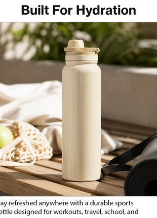 Sports Water Bottle with Leak-Proof Lid & Foldable Handle, Stainless Steel, Lightweight Powder-Coated Flask Beige