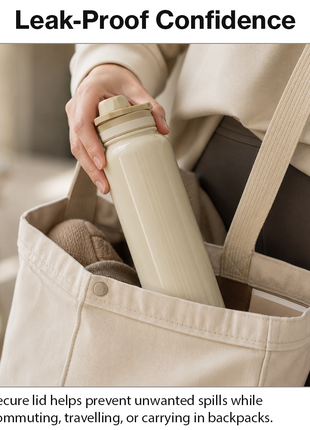 Sports Water Bottle with Leak-Proof Lid & Foldable Handle, Stainless Steel, Lightweight Powder-Coated Flask Beige
