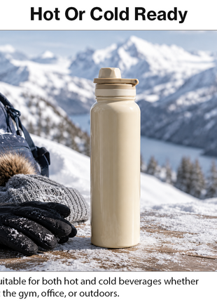 Sports Water Bottle with Leak-Proof Lid & Foldable Handle, Stainless Steel, Lightweight Powder-Coated Flask Beige