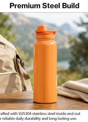 Sports Water Bottle with Leak-Proof Lid & Foldable Handle, Stainless Steel, Lightweight Powder-Coated Flask Orange