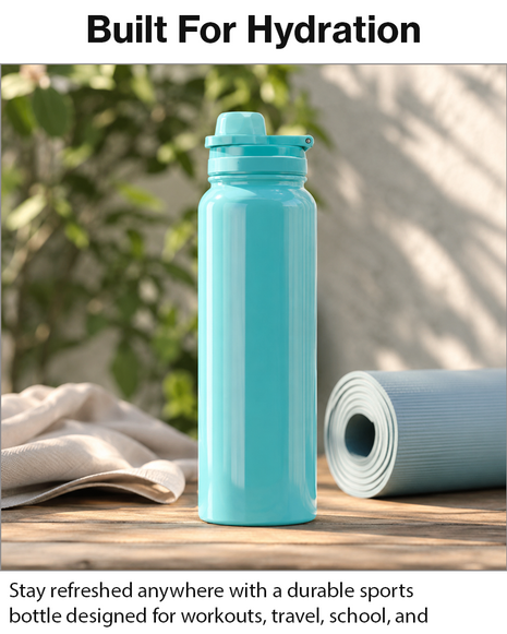 Sports Water Bottle with Leak-Proof Lid & Foldable Handle, Stainless Steel, Lightweight Powder-Coated Flask Teal