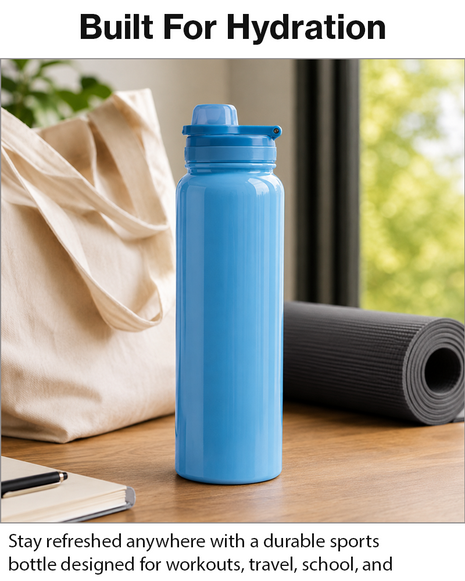 Sports Water Bottle with Leak-Proof Lid & Foldable Handle, Stainless Steel, Lightweight Powder-Coated Flask Blue