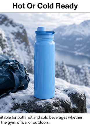 Sports Water Bottle with Leak-Proof Lid & Foldable Handle, Stainless Steel, Lightweight Powder-Coated Flask Blue