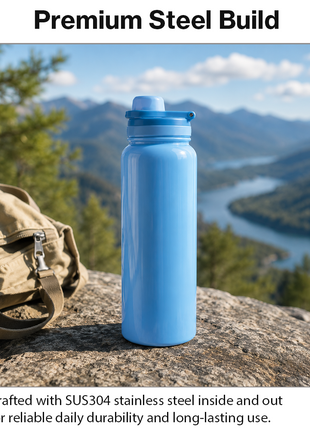 Sports Water Bottle with Leak-Proof Lid & Foldable Handle, Stainless Steel, Lightweight Powder-Coated Flask Blue