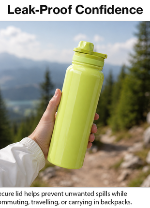Sports Water Bottle with Leak-Proof Lid & Foldable Handle, Stainless Steel, Lightweight Powder-Coated Flask Yellow