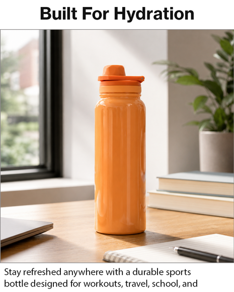 Sports Water Bottle with Leak-Proof Lid & Foldable Handle, Stainless Steel, Lightweight Powder-Coated Flask Orange