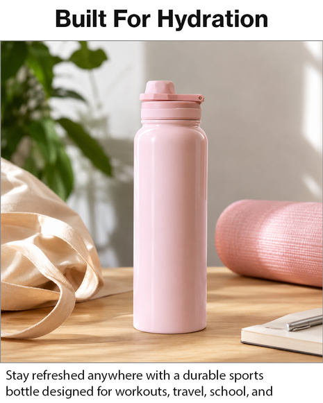 Sports Water Bottle with Leak-Proof Lid & Foldable Handle, Stainless Steel, Lightweight Powder-Coated Flask Pink