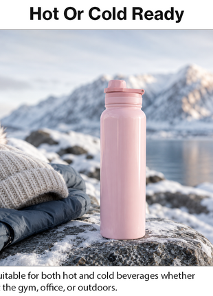 Sports Water Bottle with Leak-Proof Lid & Foldable Handle, Stainless Steel, Lightweight Powder-Coated Flask Pink