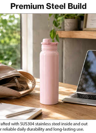 Sports Water Bottle with Leak-Proof Lid & Foldable Handle, Stainless Steel, Lightweight Powder-Coated Flask Pink