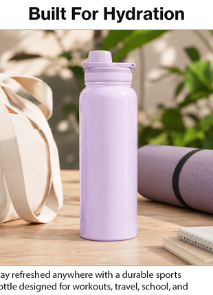Sports Water Bottle with Leak-Proof Lid & Foldable Handle, Stainless Steel, Lightweight Powder-Coated Flask Purple