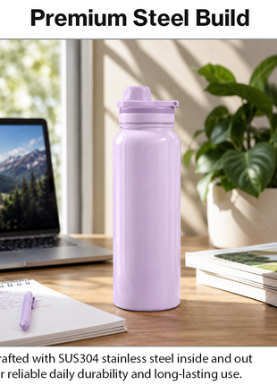 Sports Water Bottle with Leak-Proof Lid & Foldable Handle, Stainless Steel, Lightweight Powder-Coated Flask Purple