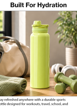 Sports Water Bottle with Leak-Proof Lid & Foldable Handle, Stainless Steel, Lightweight Powder-Coated Flask Yellow