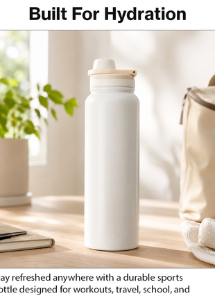 Sports Water Bottle with Leak-Proof Lid & Foldable Handle, Stainless Steel, Lightweight Powder-Coated Flask White