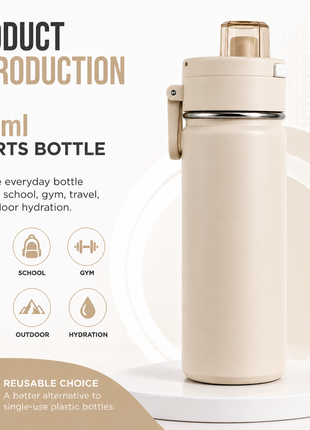 600ml Vacuum Sports Water Bottle with Locking Flip Lid Beige