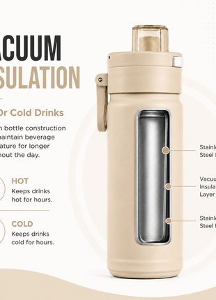 600ml Vacuum Sports Water Bottle with Locking Flip Lid Beige