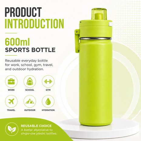 600ml Vacuum Sports Water Bottle with Locking Flip Lid Green