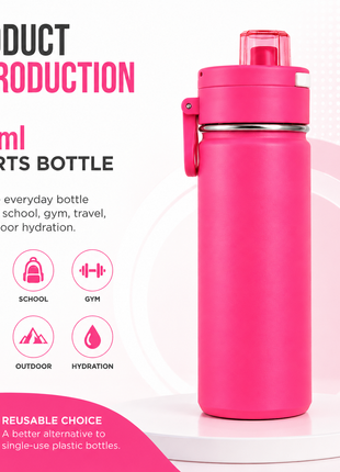 600ml Vacuum Sports Water Bottle with Locking Flip Lid Neon Pink
