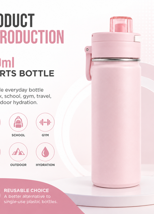 600ml Vacuum Sports Water Bottle with Locking Flip Lid Pink