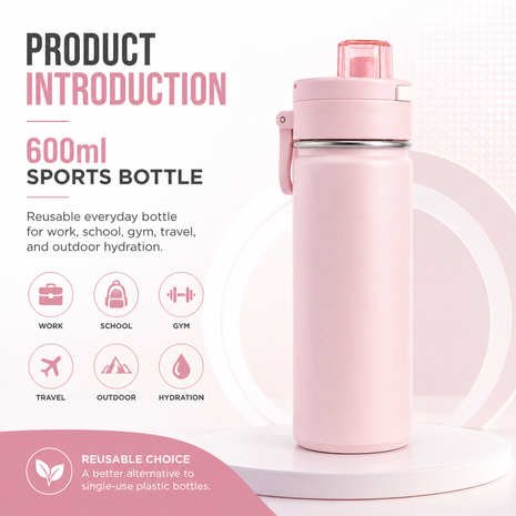 600ml Vacuum Sports Water Bottle with Locking Flip Lid Pink