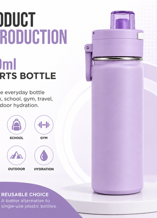 600ml Vacuum Sports Water Bottle with Locking Flip Lid Purple