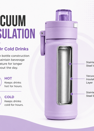 600ml Vacuum Sports Water Bottle with Locking Flip Lid Purple