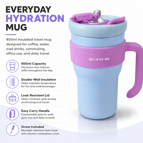 800ml Stainless Steel Insulated Travel Mug with Straw