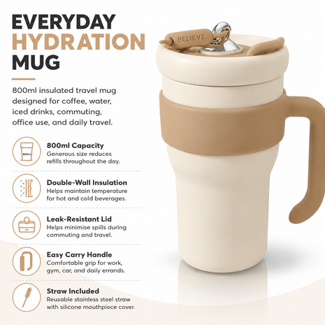800ml Stainless Steel Insulated Travel Mug with Straw