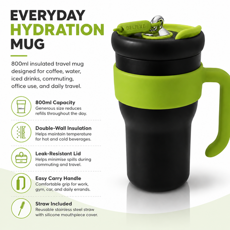 800ml Stainless Steel Insulated Travel Mug with Straw