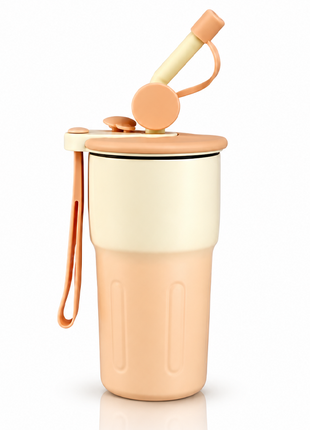 Aluminum Travel Mug with Straw and Tea Infuser Filter Lid Pink White Reusable Cup