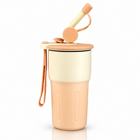 Travel Mug with Straw and Tea Infuser Filter Lid Pink White Reusable Cup