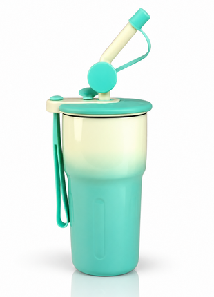 Aluminum Travel Mug with Straw and Tea Infuser Filter Lid Blue White Reusable Cup