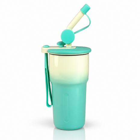 Travel Mug with Straw and Tea Infuser Filter Lid Blue White Reusable Cup