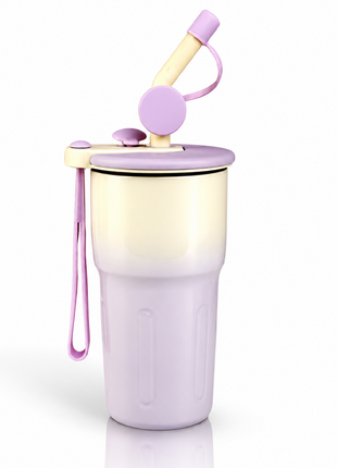 Aluminum Travel Mug with Straw and Tea Infuser Filter Lid Purple White Reusable Cup