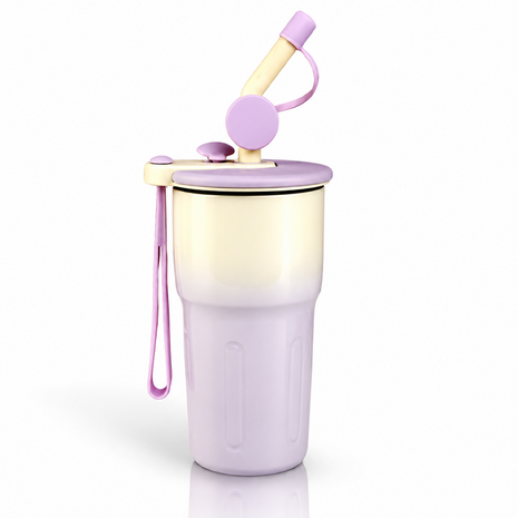 Travel Mug with Straw and Tea Infuser Filter Lid Purple White Reusable Cup