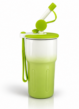 Aluminum Travel Mug with Straw and Tea Infuser Filter Lid Green White Reusable Cup