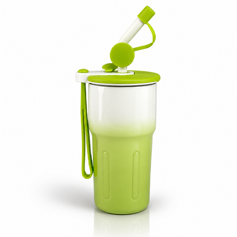 Travel Mug with Straw and Tea Infuser Filter Lid Green White Reusable Cup