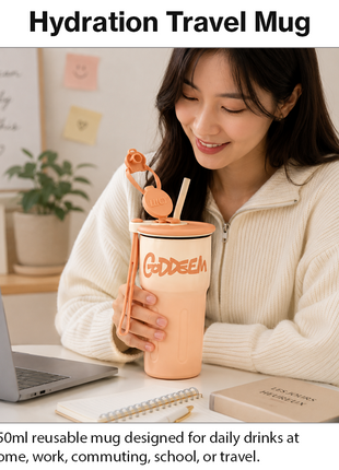 Aluminum Travel Mug with Straw and Tea Infuser Filter Lid Pink White Reusable Cup