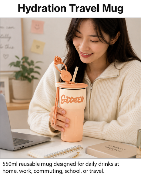 Travel Mug with Straw and Tea Infuser Filter Lid Pink White Reusable Cup